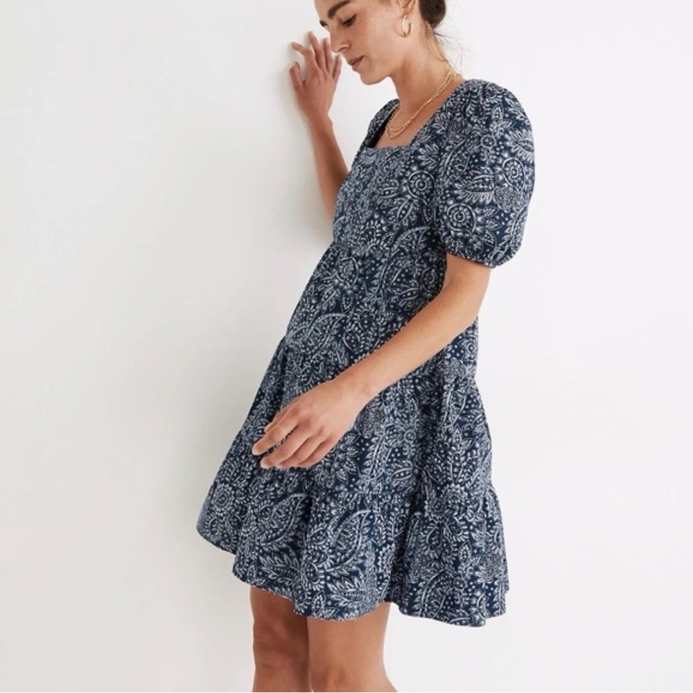 Madewell Poplin Puff-Sleeve Tiered Babydoll Dress in Paisley Garden